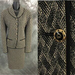 BEAUTIFUL St John collection knit black beige multi jacket skirt suit size 12
